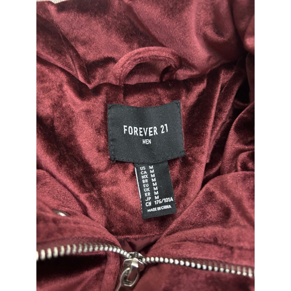 Forever 21 Men Burgundy Velvet Puffer Jacket Wine Red Quilted Zip Up Medium - Picture 2 of 6